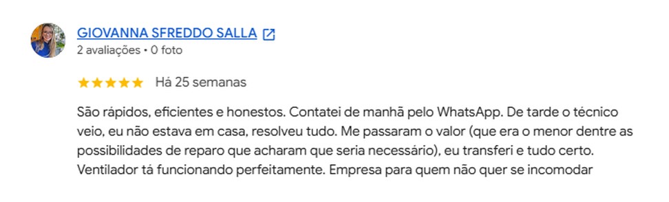 Avaliação de cliente no Google