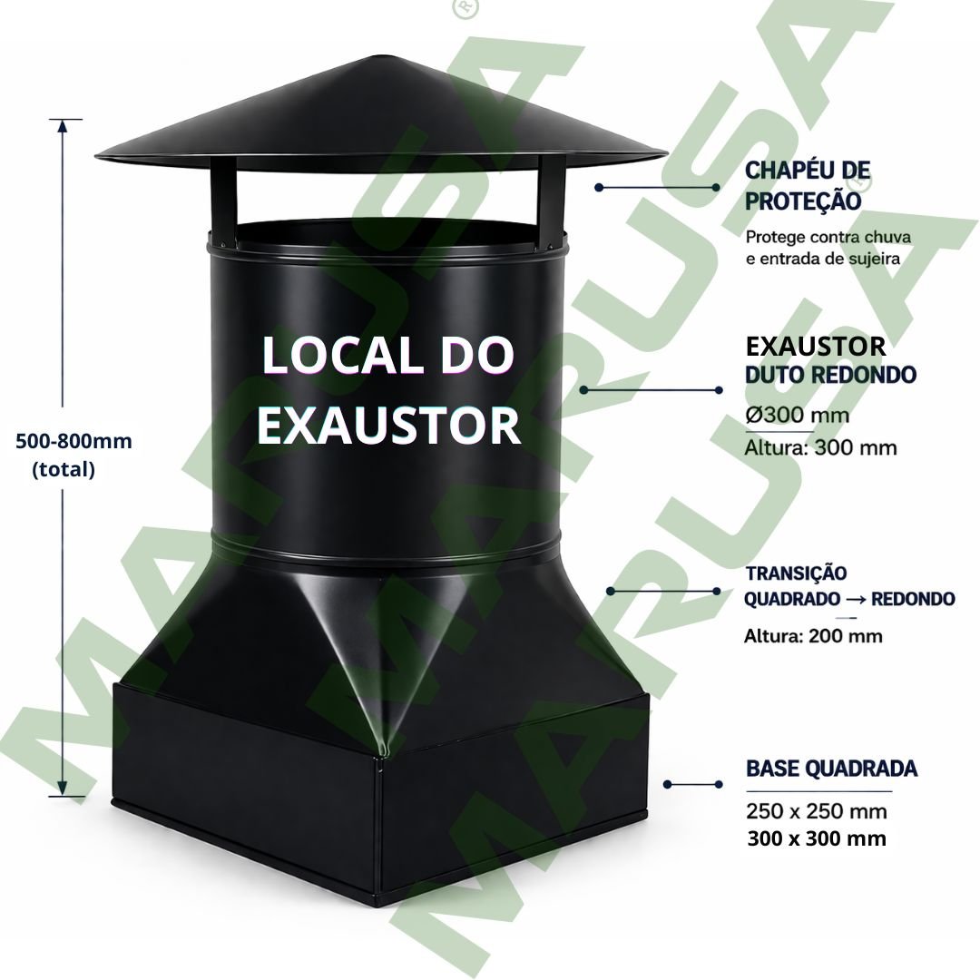 Exaustor redondo no final da chaminé, com chapéu de proteção e base quadrada de transição para churrasqueira pré-moldada