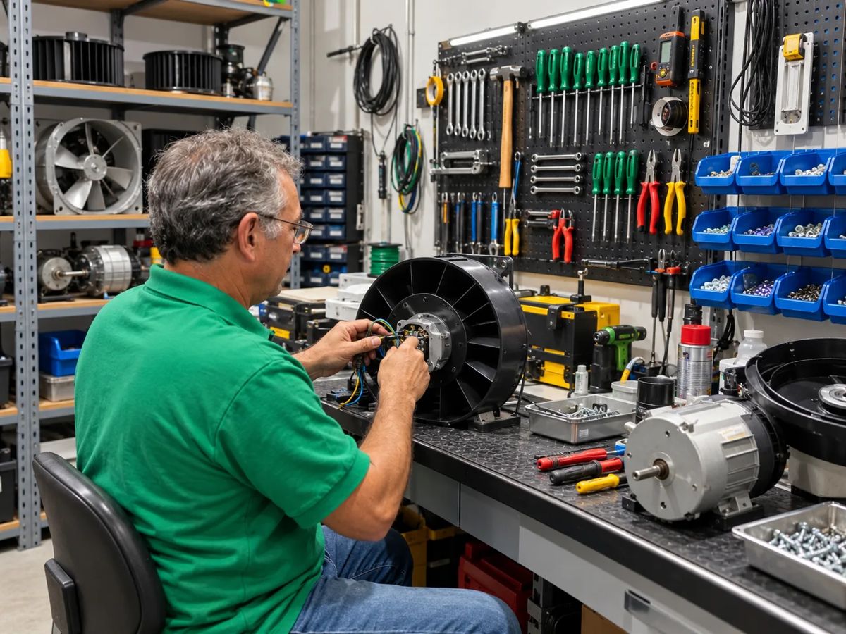 Técnico consertando motor de ventilador na bancada